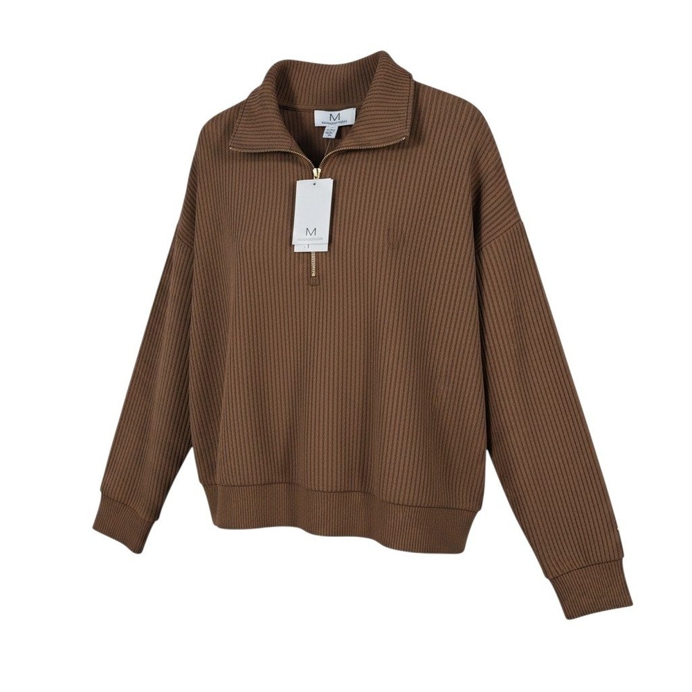 M‎ Magaschoni Womens XL Hazelnut Brown Ribbed Quarter Zip Pullover Sweater NWT
